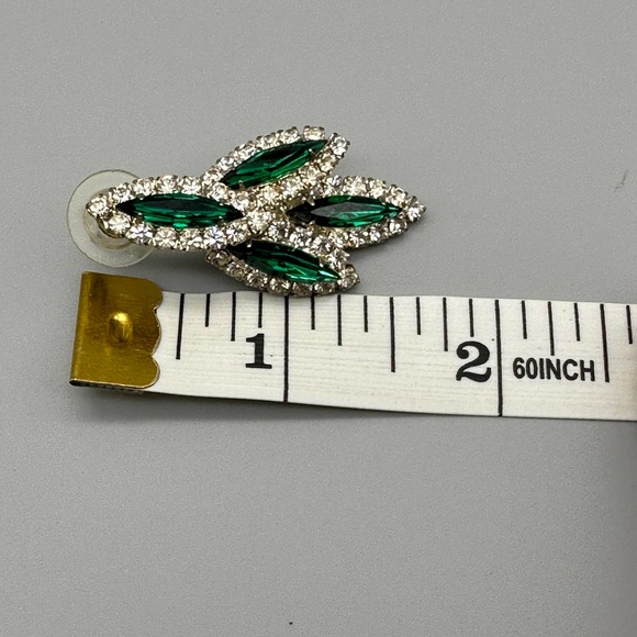 Green Rhinestone Marquis Pierced Earrings Vintage Unsigned - Picture 6 of 6